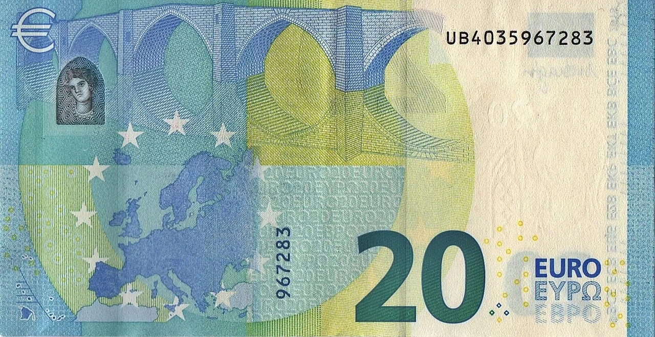 Banconote da 20 euro con simbolo di allerta per possibili contraffazioni.